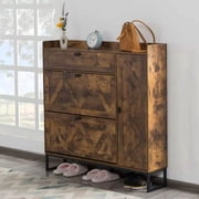Domvaranique Farmhouse Shoe Storage Cabinet with 2 Flip Drawers and Side Cabinet, Slim Entryway Shoe Organizer with Adjustable Shelves and Metal Base, Rustic Brown