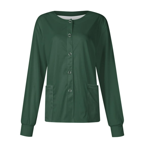 Domzest 2025 Black Scrub Jacket for Woman Clearance Basic Color Button up Long Sleeve Warm up Lab Coat Plus Size Nursing Working Uniform Dark Green 4XL