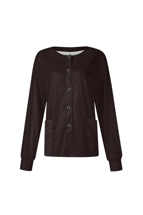 2025 Black Scrub Jacket for Woman Cute Basic Colored Button up Long Sleeve Warm up Nurse Jacket Plus Size Nursing Working Uniforms Light Brown XL