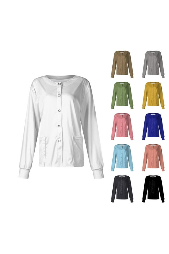 2025 Black Scrub Jacket for Woman Long Sleeve Snap Front Warm up Medical Scrub Tops Basic Colored Nurses Working Uniforms Lightweight Nurse Jacket Army Green XL