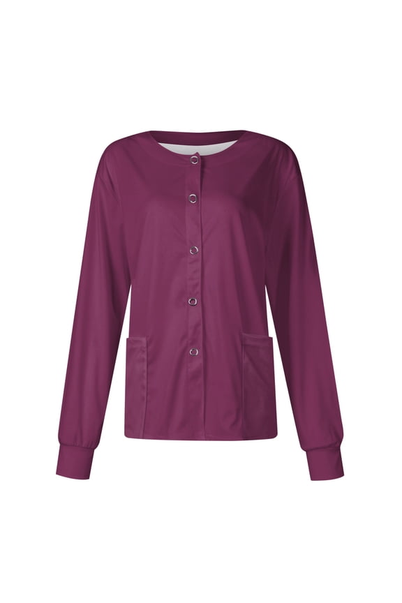 2025 Black Scrubs Sets for Women Basic Colored Long Sleeve Snap Front Warm up Medical Nurses Working Uniform Stretchy Nurse Jacket Dark Purple 5XL
