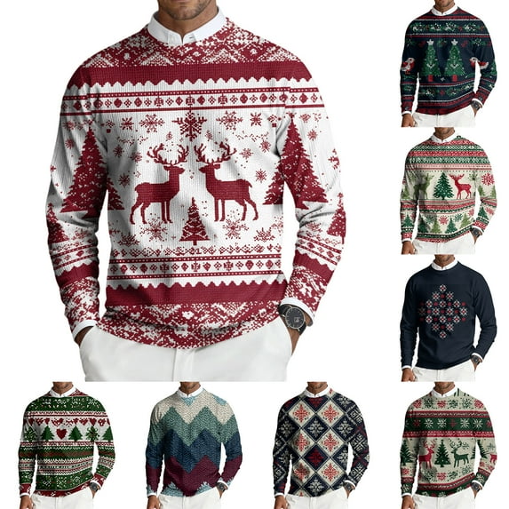 Domzest 2025 Christmas Sweater for Mens Long Sleeve Cotton Knit Round Neck Sweatshirt Xmas Tree Print Ribbed Warm Sweater Autumn Festive Pullover Top Dark Green 4XL-Large