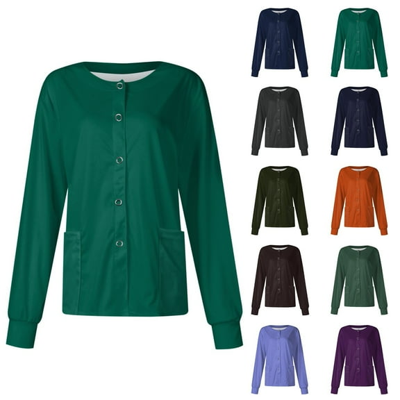 Domzest 2025 Nursing Jackets for Nurses Long Sleeve Snap Front Warm up Medical Scrub Tops Basic Colored Nurses Working Uniform Cute Scrubs Sets Green 2XL