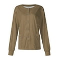 thumbnail image 1 of Domzest 2025 Scrub Jackets for Woman Crew Neck Long Sleeve Snap Front Nurses Uniforms Basic Color Working Stretchy Scrubs Sets Brown L, 1 of 4