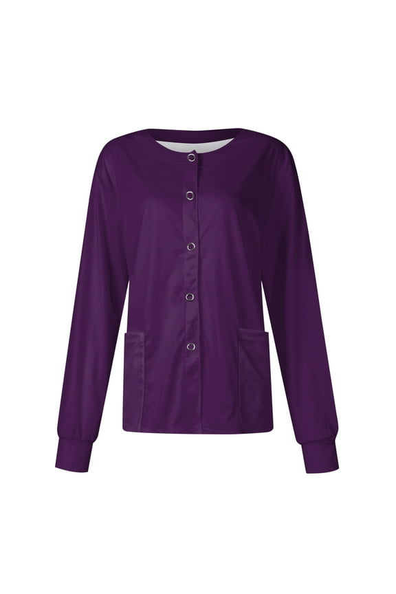 2025 Womens Scrub Jacket Basic Colored Long Sleeve Snap Front Warm up Medical Nursing Working Uniform Lightweight Nurse Jacket Purple 4XL