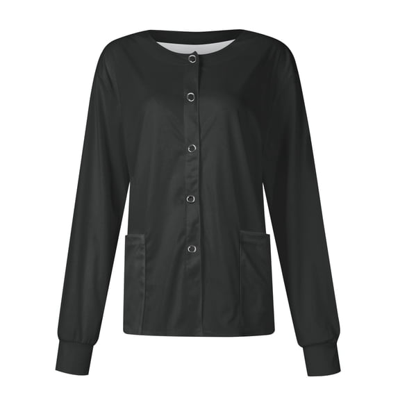 Domzest 2025 Womens Scrub Jacket Basic Colored Long Sleeve Snap Front Warm up Medical Nursing Working Uniform Lightweight Scrubs Set Black XL