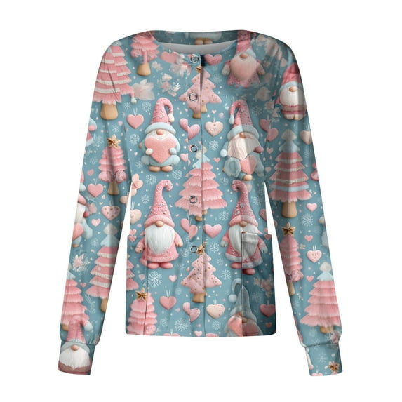 Domzest 2026 Black Scrub Jacket for Woman Long Sleeve Snap Front Warm up Medical Scrub Top Floral Print Nursing Working Uniform Plus Size Lab Coat Pink XL