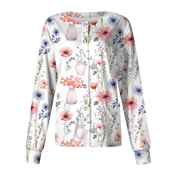 Domzest 2026 Black Scrub Jacket for Woman Crew Neck Long Sleeve Button up Nurses Uniforms Floral Print Working Clearance Scrubs Sets Orange 4XL