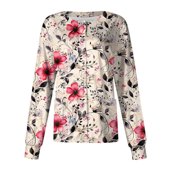 Domzest 2026 Black Scrub Jackets for Woman Crew Neck Long Sleeve Snap Front Nurses Uniform Floral Print Working Lightweight Nurse Jacket Hot Pink L