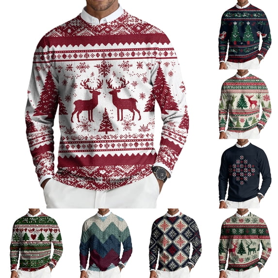 Domzest 2026 New Christmas Sweater for Mens Long Sleeve Fleece Knit Crew Neck Sweatshirt Snowflake Print Ribbed Warm Sweaters Fall Holiday Pullover Top Red 2XL-Large