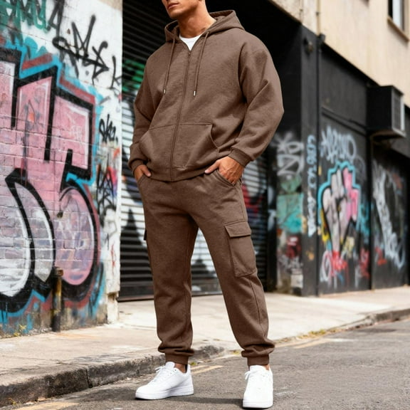 Domzest 2026 New Mens Track Suits 2 Piece Set Tracksuit Joggers Hooded Zip Up Comfort Autumn Sport Long Sleeve Outfits Crewneck Suits Sets With pocket Brown 3XL-Large