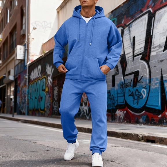 Domzest 2026 New Mens Track Suits 2 Piece Set Tracksuits Jogging Hooded Zipper Fleece Autumn Sport Long Sleeve Athletic Crewneck Suit Set With pocket Blue L-Large