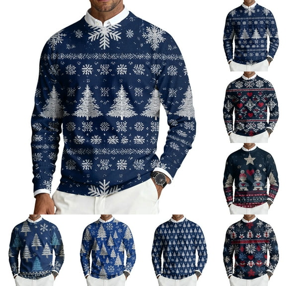 Domzest 2026 New Ugly Christmas Sweater for Men Ribbed Long Sleeve Crew Neck Shirts Xmas Tree Print Knitted Holiday Sweater Winter Warm Cotton Pullover Top Blue 4XL-Large