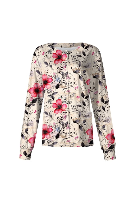 2026 Nurse Jackets for Women Scrub Stretchy Lab Coat Floral Print Long Sleeve Scrub Tops Button up Working Nursing Uniforms Dark Purple XL