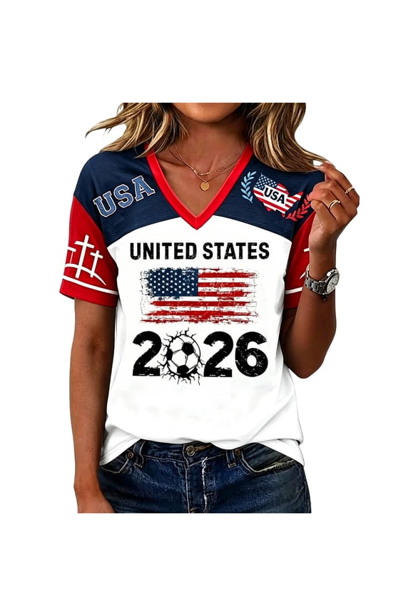 2026 Soccer Cup Fan Jersey for Women Short Sleeve Country Football Shirt USA World Soccer Flag Printed & Soccer Graphic T Shirts White M