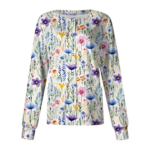 Domzest 2026 Womens Scrub Jacket Long Sleeve Floral Print Scrub Tops Snap Front Lightweight Plus Size Lab Coat Nurses Working Uniform Navy 3XL