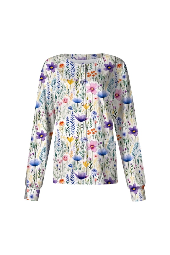 2026 Womens Scrub Jacket Long Sleeve Floral Print Scrub Tops Snap Front Lightweight Plus Size Lab Coat Nurses Working Uniform Navy 3XL