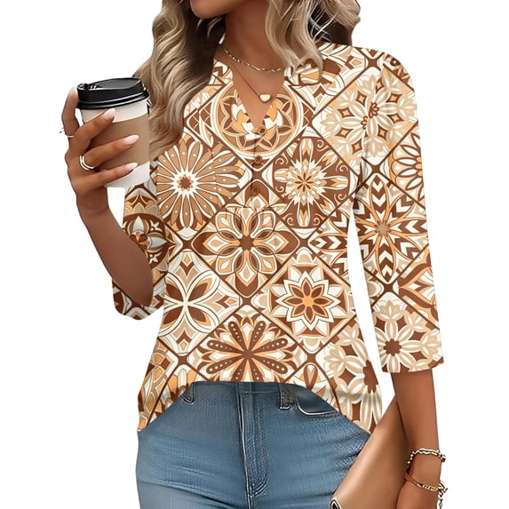 Domzest 3/4 Sleeve Shirts for Women V Neck Pleated Boho Floral Print Tunic Top Loose Fit Button Down Blouse Coffee M