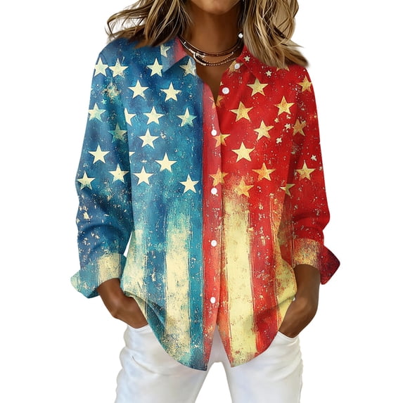 Domzest 4th Of July Shirts Women 250 Anniversary Usa American Flag Elements Shirts Patriotic Long Sleeve V Neck Butoon Down Shirt Red 2XL