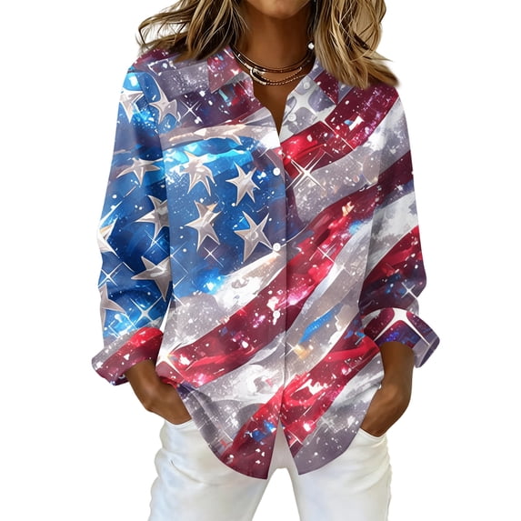Domzest 4th Of July Shirts Women 250 Anniversary Usa Graphic Shirt Patriotic V Neck Long Sleeve Butoon Down Tshirt Red S