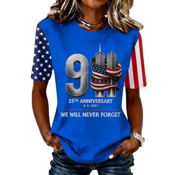 Domzest 9/11 25th Anniversary Shirt for Women Never Forget Patriotic T-Shirt Short Sleeve Crew Neck USA Flag Graphic Tee Blue XL