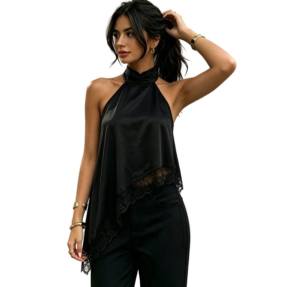 Domzest Asymmetrical Halter Tops for Women Satin Sleeveless Mock Neck Lace Trim Tank Top Backless Asymmetric Hem Going Out Blouse Black XXL