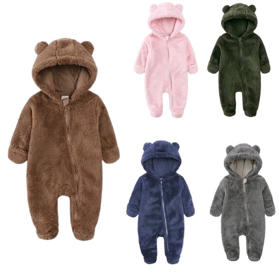Domzest Baby Fleece Bear Romper, Hooded Jumpsuit with Footies, Newborn Winter Snowsuit Outfit Light Brown 9M-Month