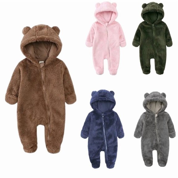 Domzest Baby Plush Fleece Bear Onesie, Hooded Romper with Mittens, Newborn Winter Warm Outwear Light Brown 3M-Month