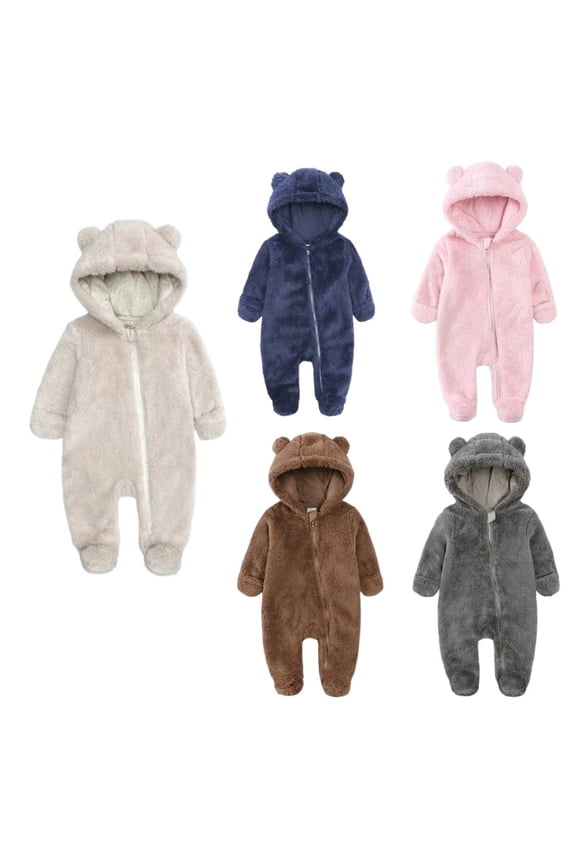 Baby Polar Fleece Bear Onesie, Hooded Romper with Ears, Newborn Winter Warm Clothes White 6M-Month