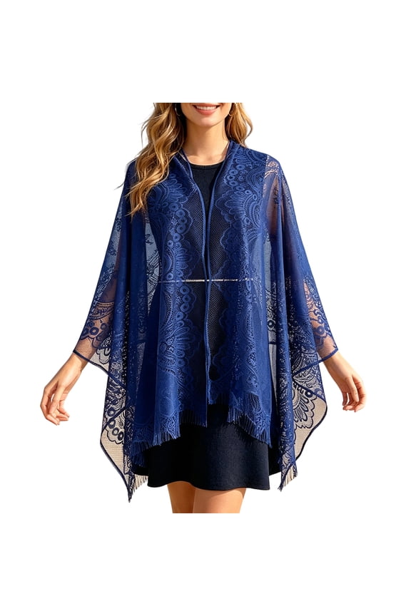 Beach Cover Ups for Women Elegant Floral Lace Fringe Open Front Shawl Sheer Mesh See Through Cardigan for Summer Vacation Dark Blue