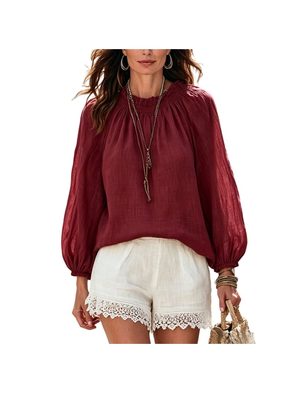 Boho Linen Tops for Women Ruffle Crew Neck Long Balloon Sleeve Blouse Retro Loose Fit Breathable Shirts Wine XL