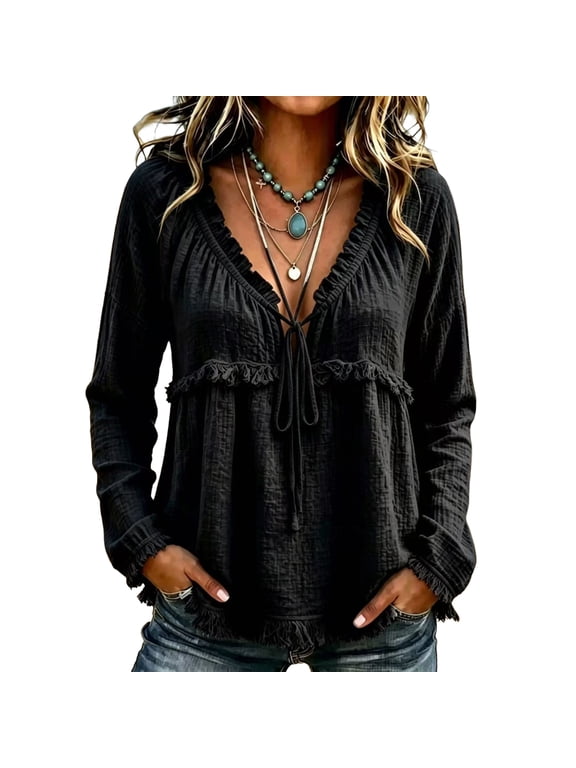 Boho Tops for Women Deep V Neck Tie Up Frayed Gauze Shirt Long Sleeve Ruffle Neck Casual Tunic Blouse Black L