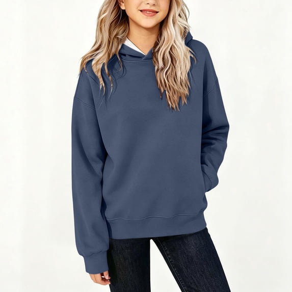 Domzest Boys & Girls Plain Hoodies Casual Long Sleeve Loose Fit Hooded Sweatshirt 2026 Trendy Basic Pullover Sweatshirts Dark Blue 140 Age:9-10Y