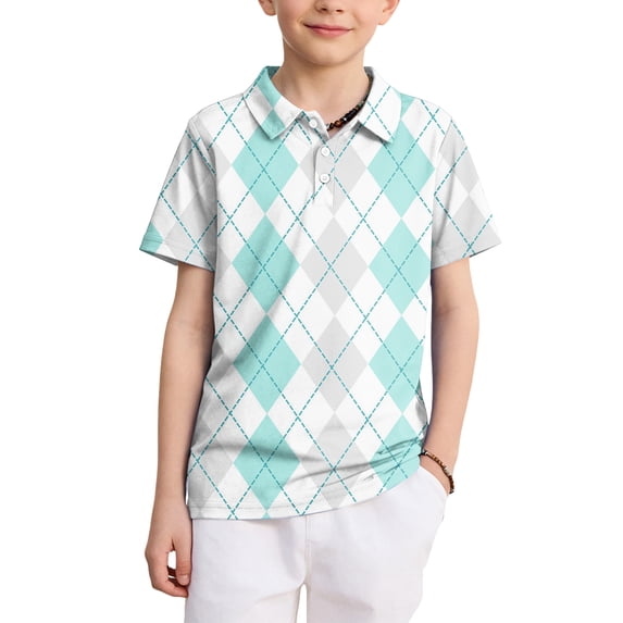 Domzest Boys Polo Shirt Short Sleeve Argyle Plaid School Uniform Golf Tennis Quick Dry Breathable Summer Back To School Kids Children Casual Collared Tops White 9-10 Years