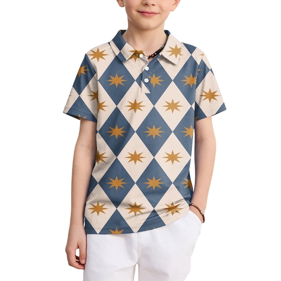Domzest Boys Polo Shirt Short Sleeve Argyle Plaid School Uniform Golf Tennis Quick Dry Breathable Summer Back To School Kids Children Casual Collared Tops Blue 2-3 Years