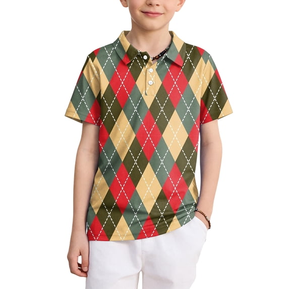 Domzest Boys Polo Shirt Short Sleeve Argyle Plaid School Uniform Golf Tennis Quick Dry Breathable Summer Back To School Kids Children Casual Collared Tops Red 5-6 Years