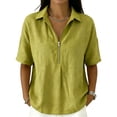 thumbnail image 1 of Domzest Linen Casual Tops for Women Loose-Fit V Neck Summer T Shirts Zip Up Polo Work Going Out Tops Linen Shirts Army Green S, 1 of 5