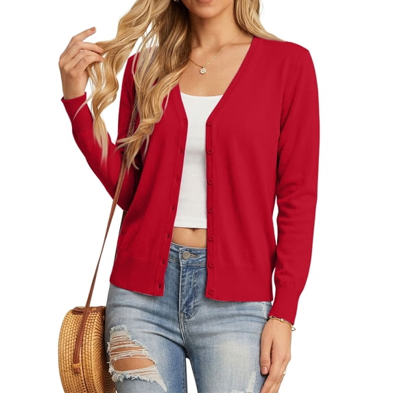 Domzest Button Front Cardigan for Women Lightweight Long Sleeve V Neck Knitwear Soft Basic Knit Cardigan Sweater Red L