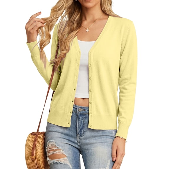 Domzest Button Front Cardigan for Women Lightweight Long Sleeve V Neck Knitwear Soft Basic Knit Cardigan Sweater Yellow XL