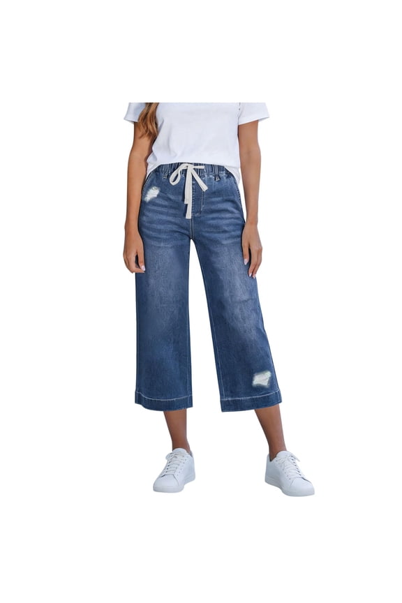 Capri Jeans for Women Distressed Ripped Drawstring Wide Leg Capri Pants High Waisted Stretchy Pull On Baggy Capris Casual Summer Denim Pants Royal Blue L