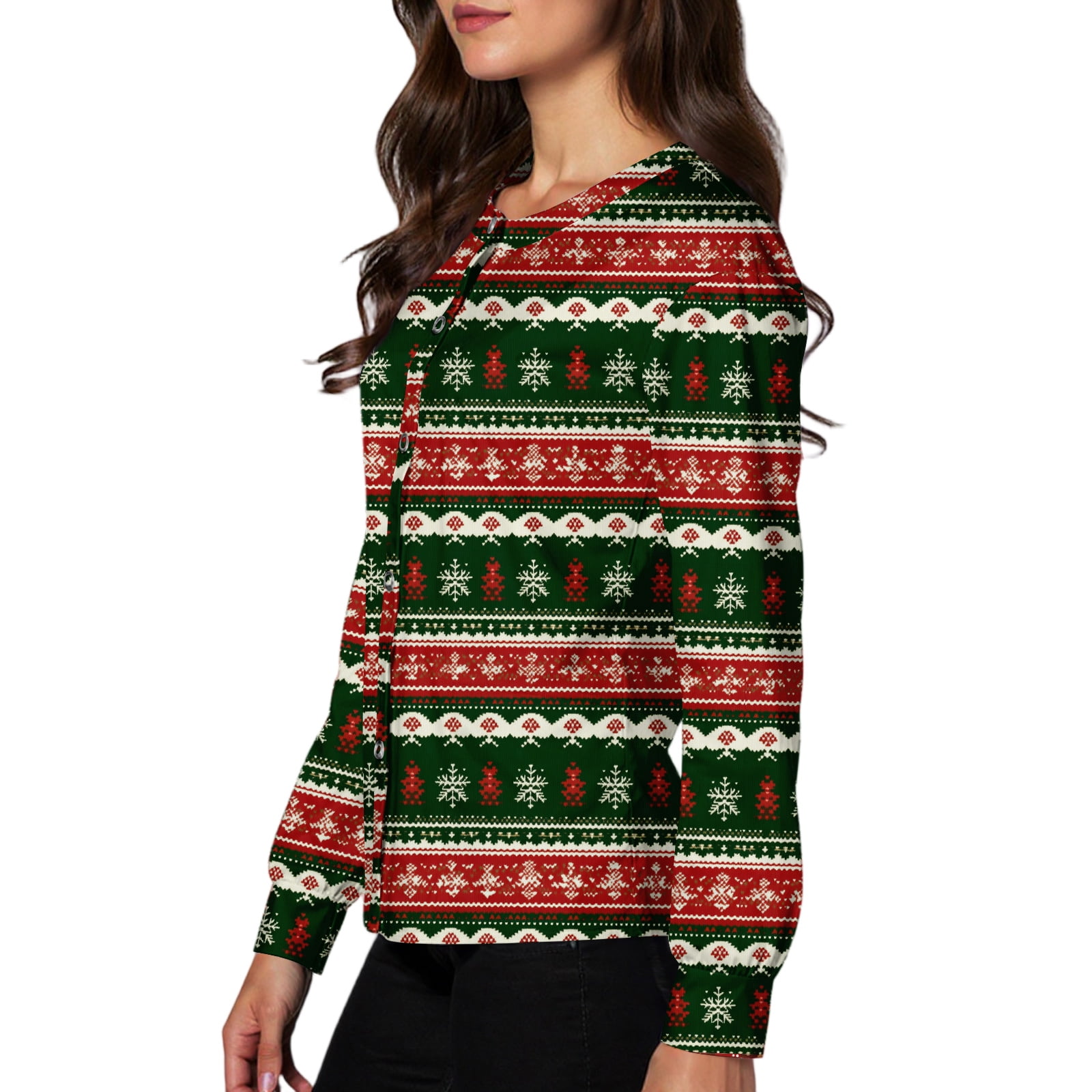 Cute Christmas Sweatshirt For Women – Merry Snowflake Print Long Sleeve Top – Holiday Party Outfit