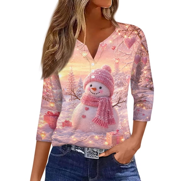 Domzest Christmas Shirts for Women 3/4 Sleeve Cute Snowman Pine Trees Printed T Shirt Loose Fit V Neck Henley Blouse Pink XL