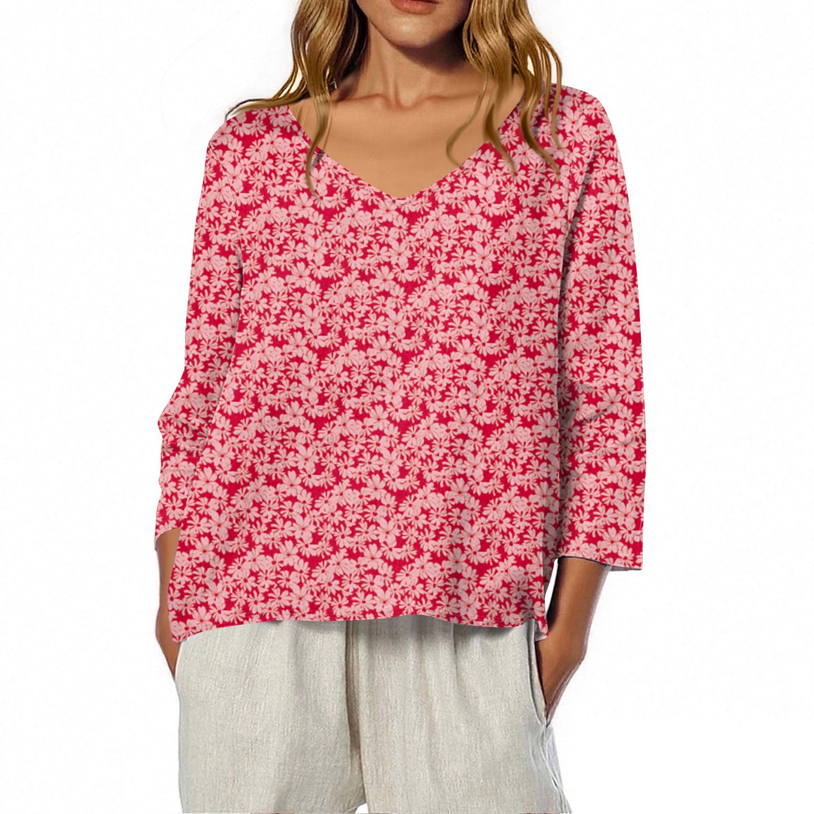 Women's V Neck Tops Elegant Casual Cherry Floral Print Notch Lapel Short Sleeve Blouse