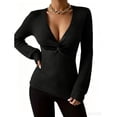 thumbnail image 1 of Domzest Deep V Neck Sweater for Women Twist Front Slim Fit Sexy Pullover Sweaters Long Sleeve Ribbed Knit Casual Jumper Tops Black L, 1 of 4