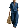 thumbnail image 1 of Domzest Denim Suit Sets for Women Short Sleeve Deep V Neck Halter Top Matching Wide Leg Pants Summer Lounge Set Vacation Outfits Pocket Gray L, 1 of 2