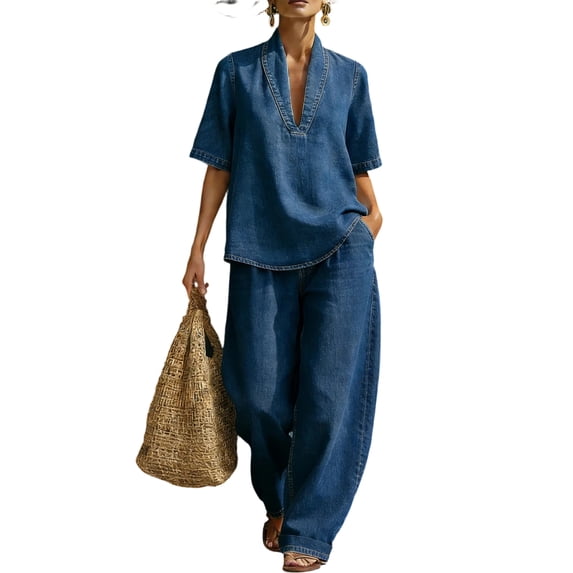 Domzest Denim Suit Sets for Women Short Sleeve Deep V Neck Halter Top Matching Wide Leg Pants Summer Lounge Set Vacation Outfits Pocket Gray L