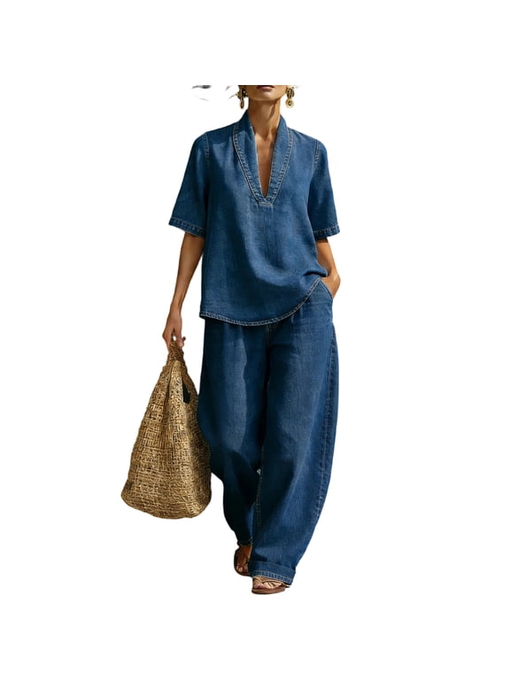 Denim Suit Sets for Women Short Sleeve Deep V Neck Halter Top Matching Wide Leg Pants Summer Lounge Set Vacation Outfits Pocket Gray M