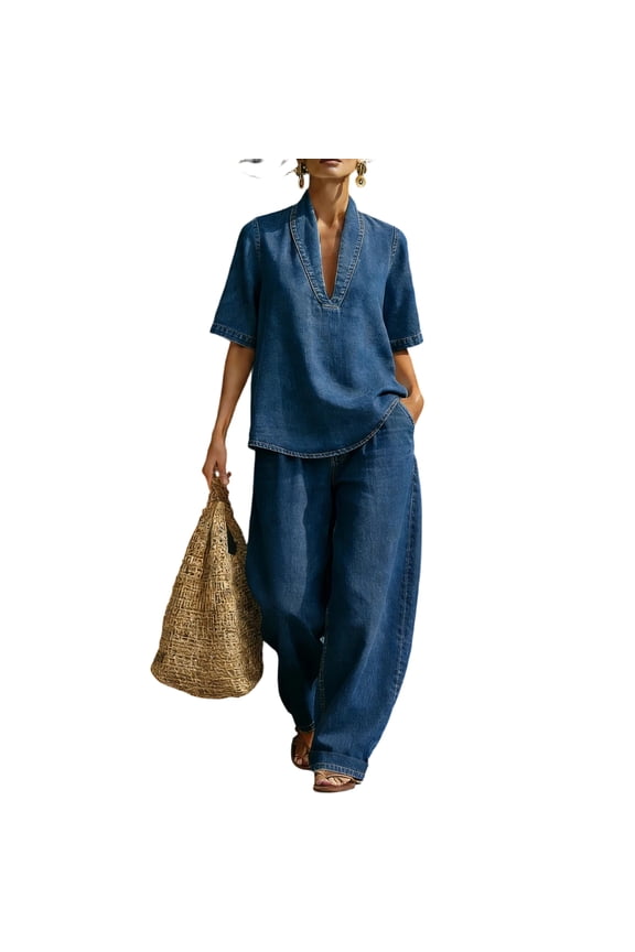 Denim Suit Sets for Women Short Sleeve Deep V Neck Halter Top Matching Wide Leg Pants Summer Lounge Set Vacation Outfits Pocket Gray XL