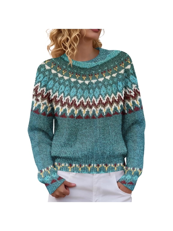 Fair Isle Sweater for Women Vintage Crew Neck Colorful Argyle Pullover Sweater 2026 Fall Winter Retro Kint Sweaters Turquoise L