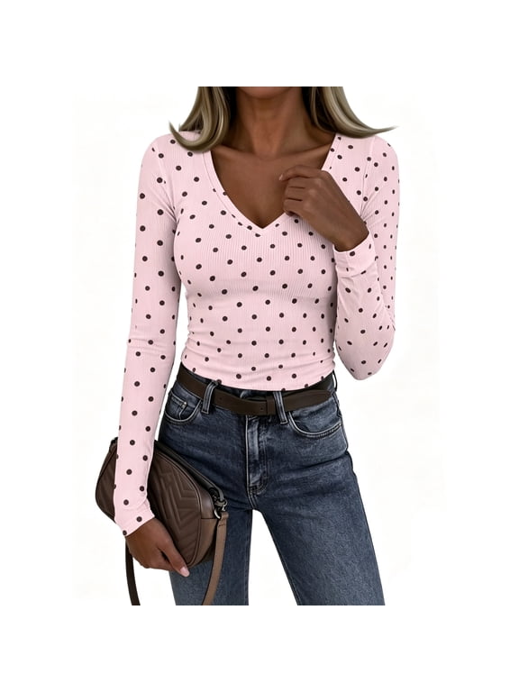 Fall Blouses for Women V Neck Long Sleeve Polka Dot Top Ribbed Slim Fit Shirts 2026 Trendy Casual Tops